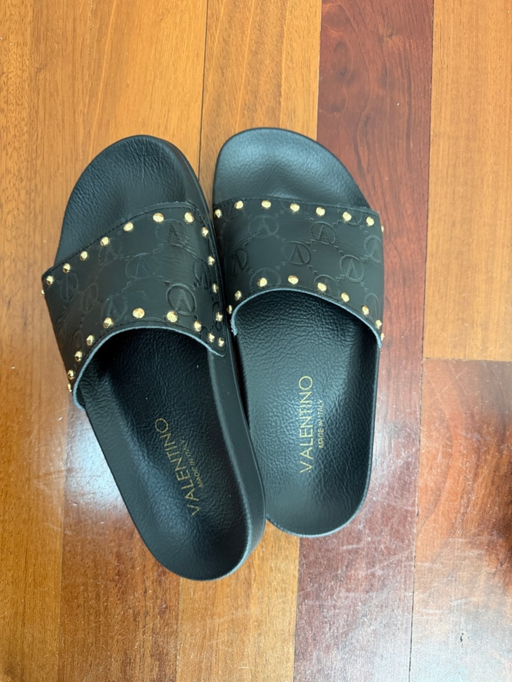 Valentino Black Slide Sandals with Gold Studs